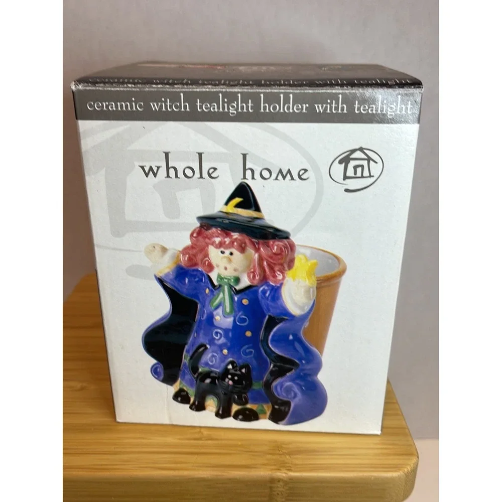 Vintage Whole Home Ceramic Witch with Black Cat‎ Tealight Holder with Tealight